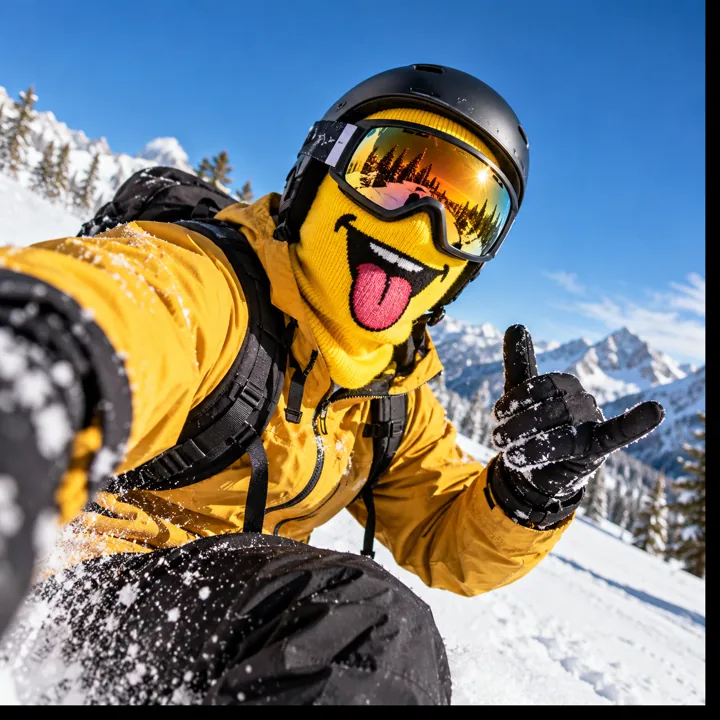 AI-generated creator wearing a humorous yellow ski mask in the mountains